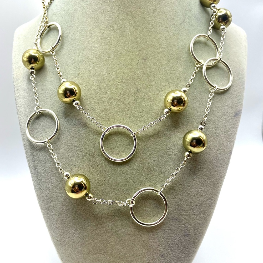 Long Gold & Silver Two-Tone Circle Link with Shiny Beads Necklace. 36 inches